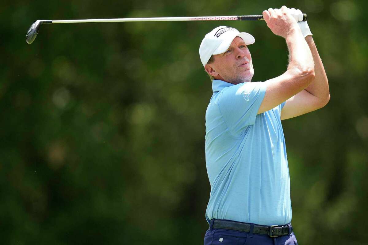 Steve Stricker hits his tee shot on on the seventh hole during the second round of the Insperity Invitational golf tournament, Saturday, April 30, 2022, in The Woodlands, TX.
