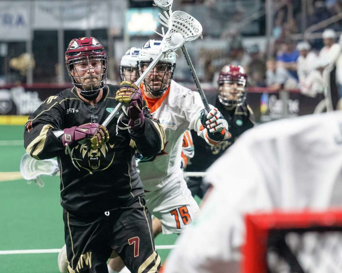 Albany FireWolves forward Ryan Benesch takes a shot during a National Lacrosse League game against the New York Riptide at the MVP Arena in Albany, NY, on Saturday, April 30, 2022. (Jim Franco/Special to the Times Union)