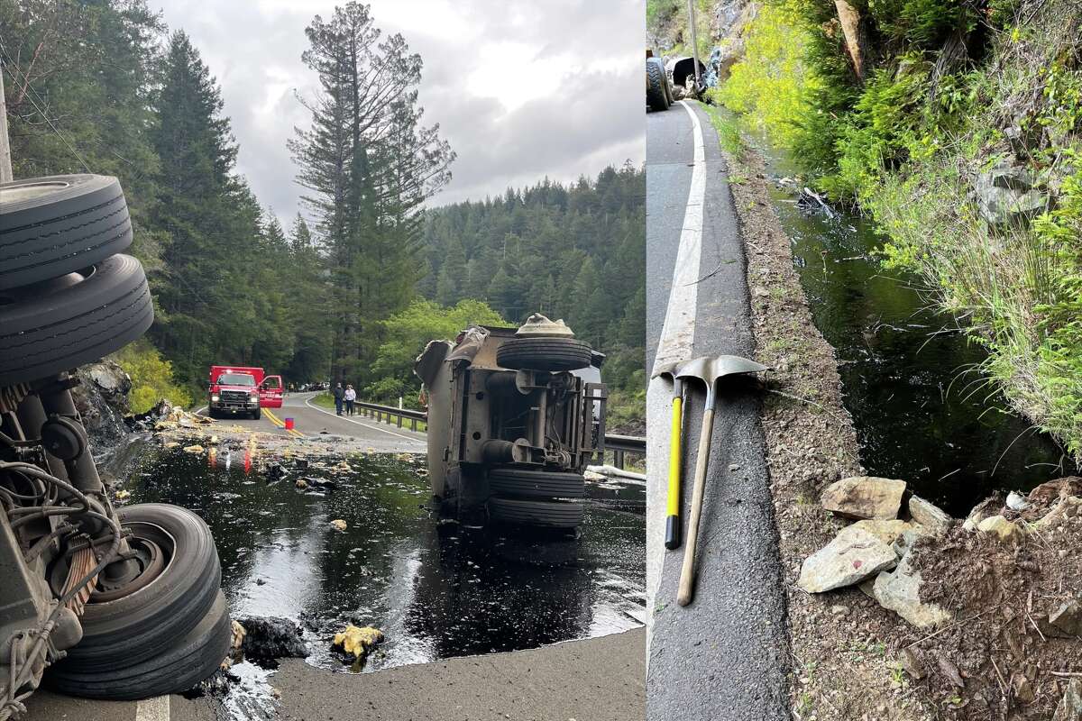 A trailer overturned, spilling hot asphalt binder on Highway 199 in Northern California on April 26, 2022.
