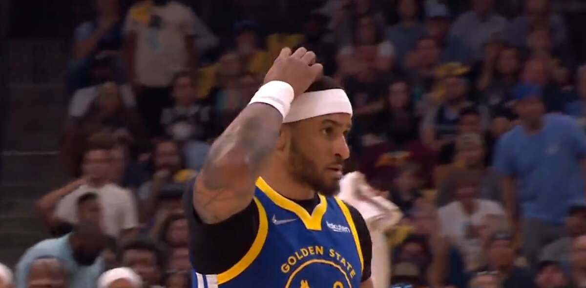 Gary Payton II is left scratching his head after a first quarter poster dunk against the Memphis Grizzlies on May 1, 2022.