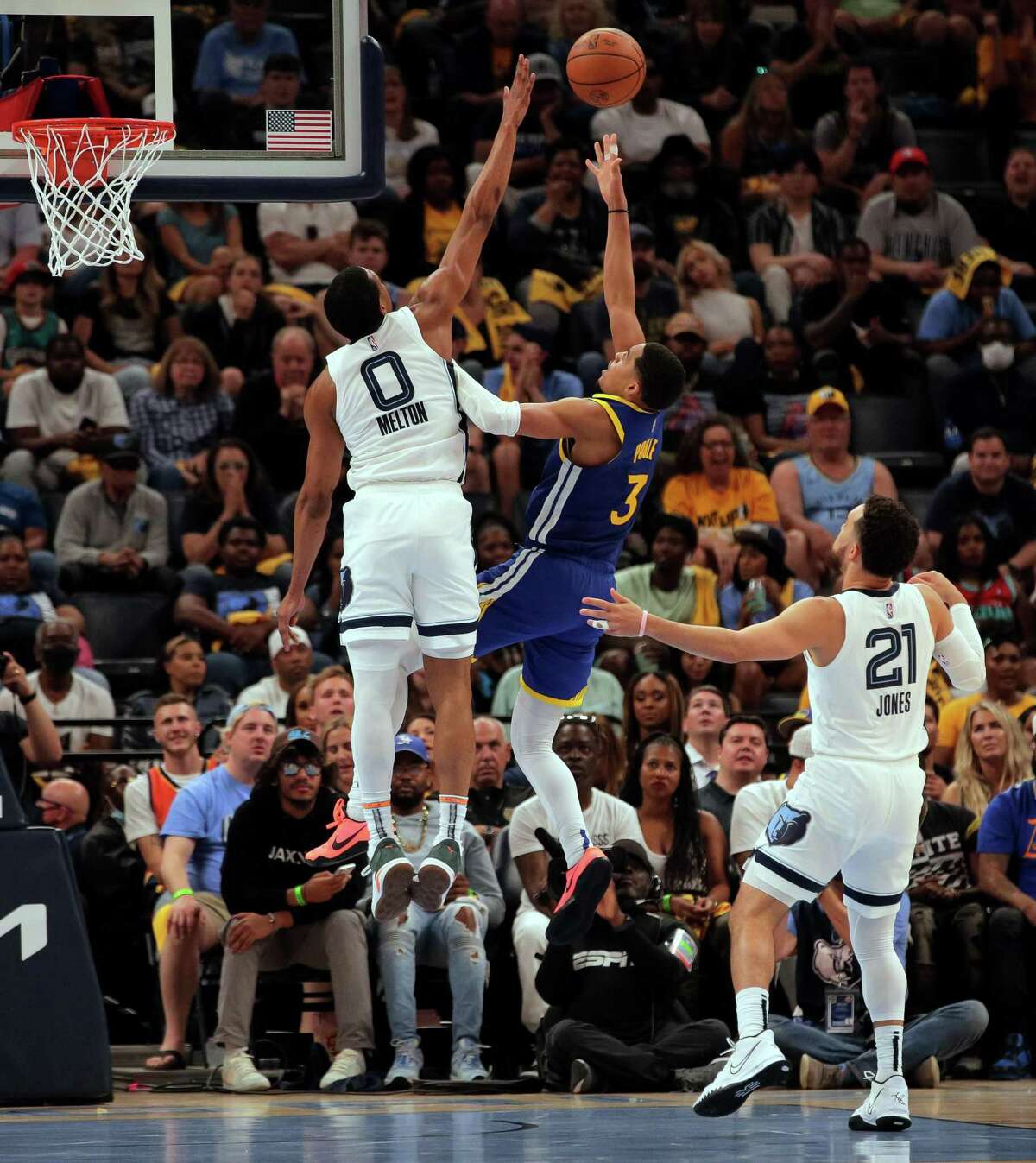 Jordan Poole (3) puts up a shot in the second half as the Golden State Warriors played the Memphis Grizzlies in Game 1 of the second round of the NBA Playoffs at Fedex Forum in Memphis, Tenn., on Sunday, May 1, 2022.
