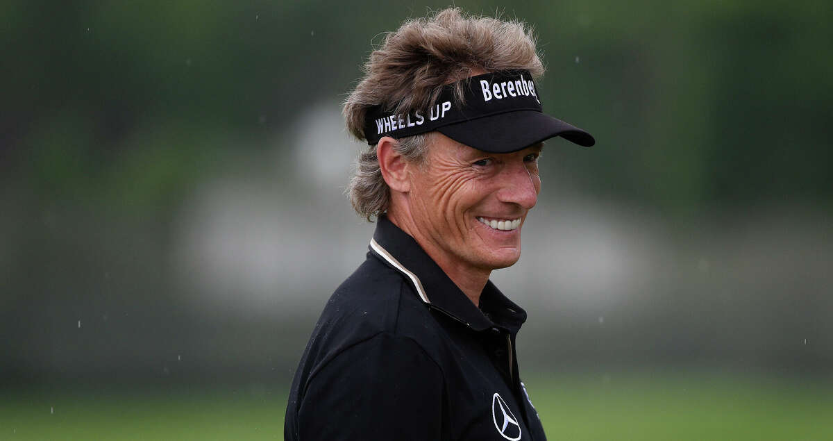 Bernhard Langer stands on the practice tee before the first round of the Insperity Invitational golf tournament, Saturday, May 1, 2021, in The Woodlands, TX.