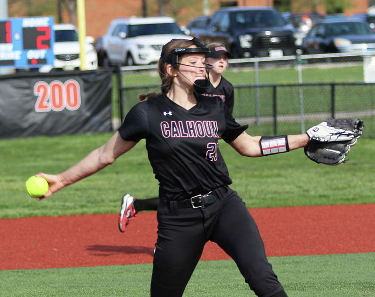 Calhoun pitcher Kylie Angel delivers to the plate against Carrollton in a WIVC game April 21 in Jacksonville.