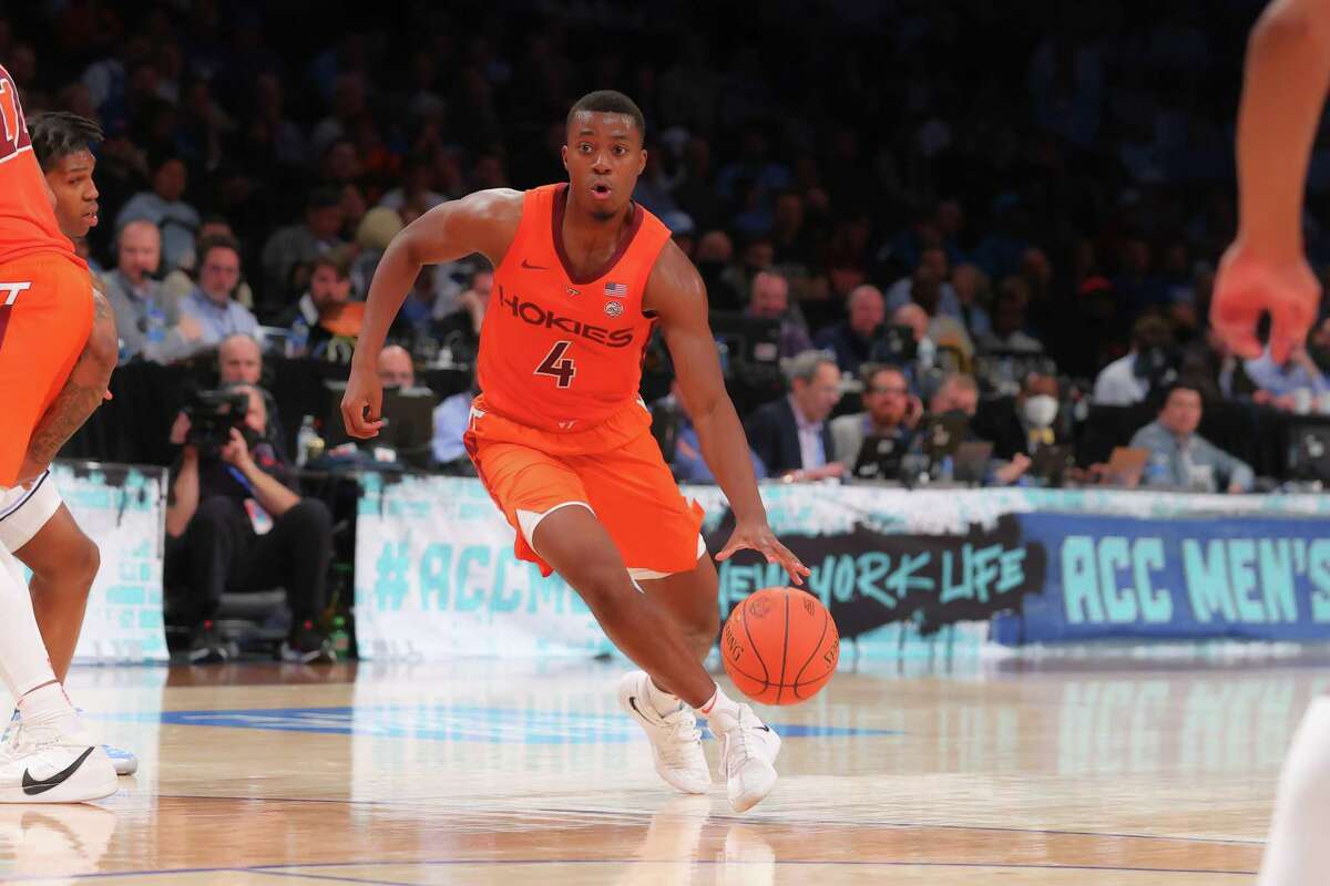 BROOKLYN, NY - MARCH 11: Virginia Tech Hokies guard Nahiem Alleyne (4) controls the ball during the second half of the ACC Tournament semi final college basketball game between the North Carolina Tar Heels and the Virginia Tech Hokies on March 11, 2022 at the Barclays Center in Brooklyn, New York. (Photo by Rich Graessle/Icon Sportswire via Getty Images)