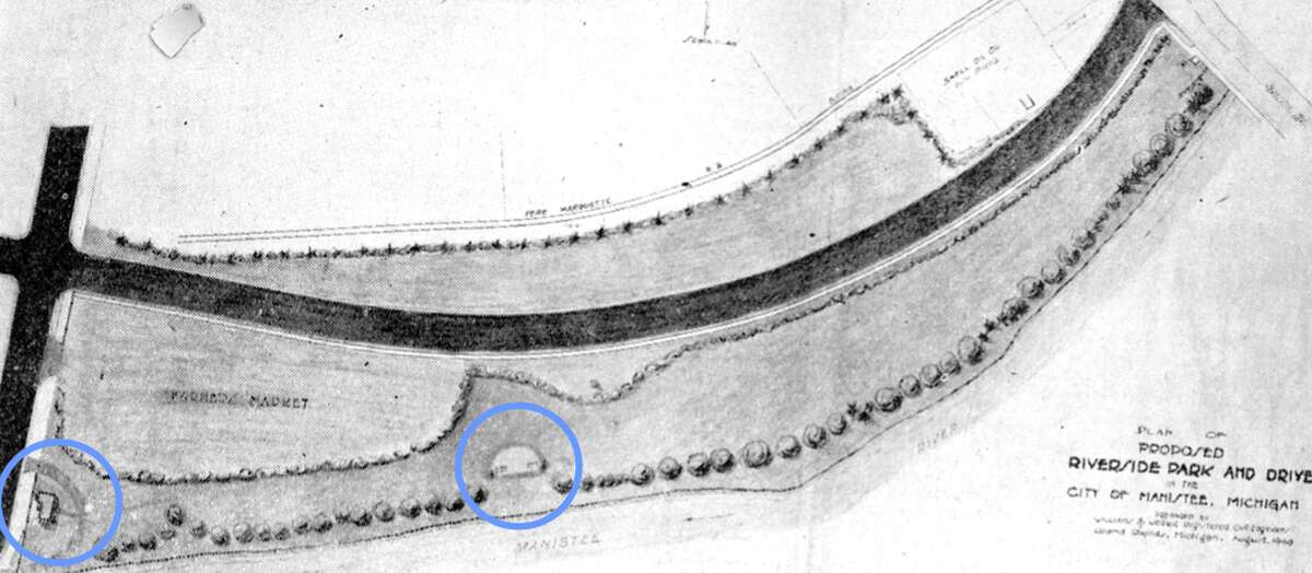 The proposed plans for Riverside Park and Drive were published in the News Advocate on Sept. 4, 1940 with blacktop proposed from Maple Street Bridge east to Memorial Bridge. The far circle indicates where proposed restroom facilities were to be located off of Washington Street with the circle in the middle of the photo indicating where a proposed bandshell was to be located.