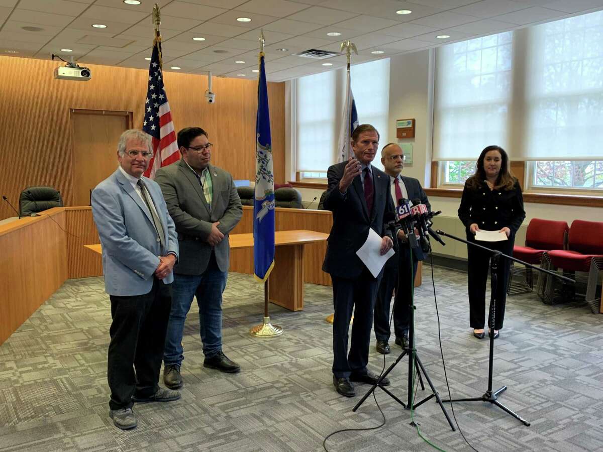U.S. Sen. Richard Blumenthal speaks at the West Hartford Town Council chambers on Monday to announce federal funding that will help combat hate crimes.