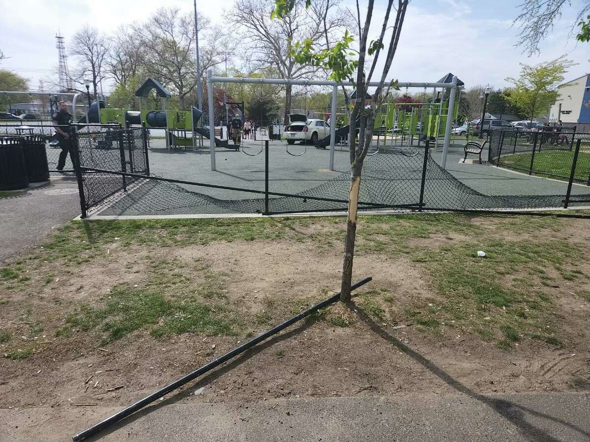 A vehicle crashed through the fence into a West Side Stamford playground over the weekend and injured an 11-year-old child. The driver has been charged.