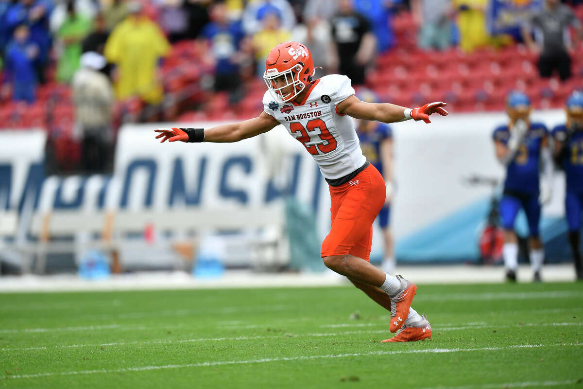 Tristin McCollum of the Sam Houston State Bearkats reacts against the South Dakota State Jackrabbits during the Division I FCS Football Championship held at Toyota Stadium on May 16, 2021 in Frisco, Texas. 
