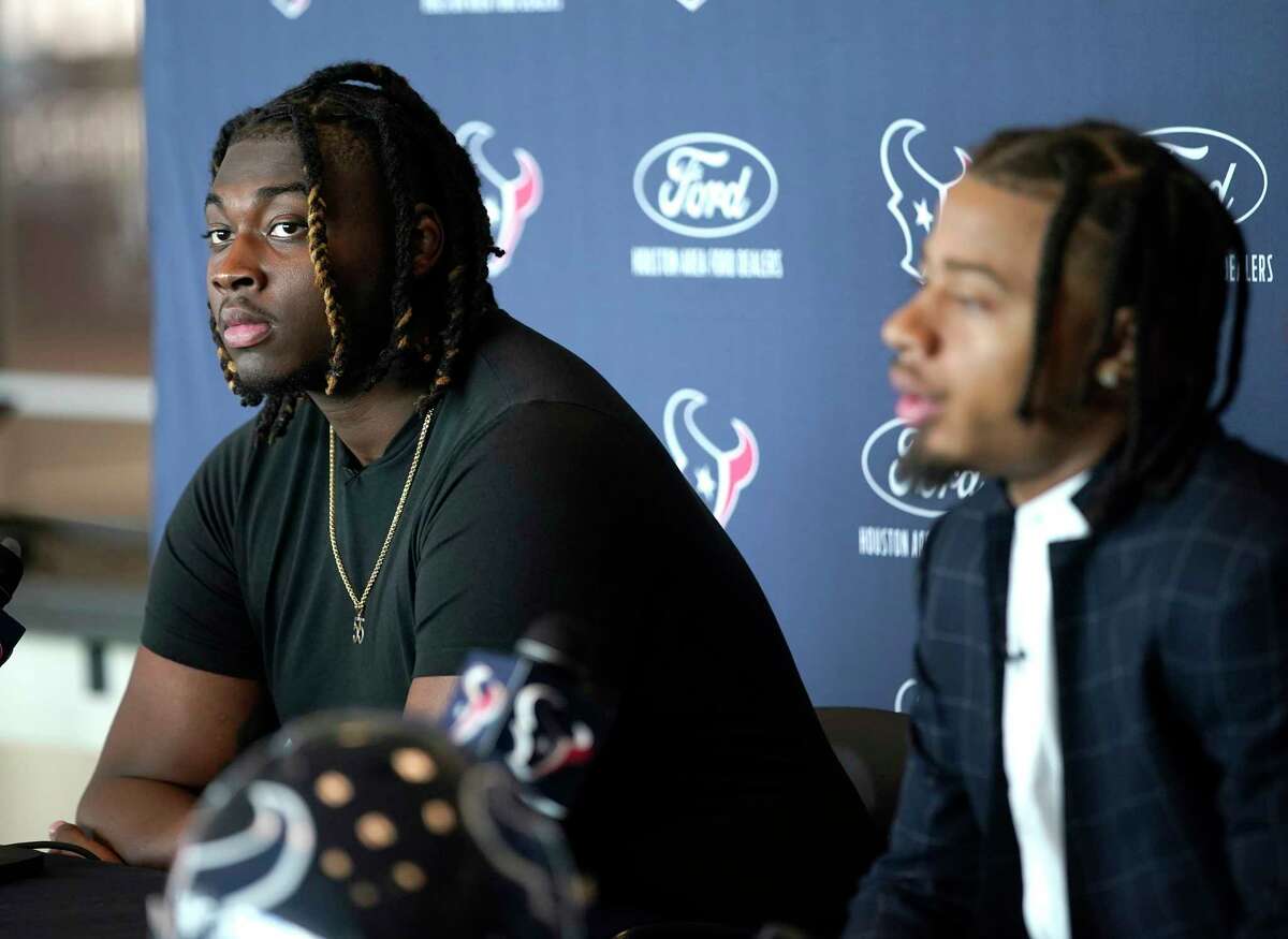 Kenyon Green, left, and Derek Stingley Jr, right during the Houston Texans introductory press conference for their first two draft picks at NRG Stadium on Friday, April 29, 2022 in Houston.