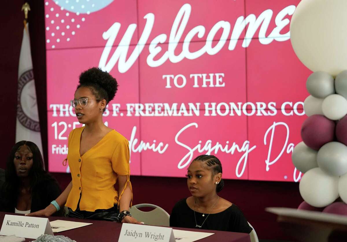 Kamille Patton, a Willowridge High School graduate, speaks during the Thomas F. Freeman Honors College Academic Signing Day event at Texas Southern University Friday, April 29, 2022, in Houston. She is one of seven students to participate in the ceremonial signing for the honors college.