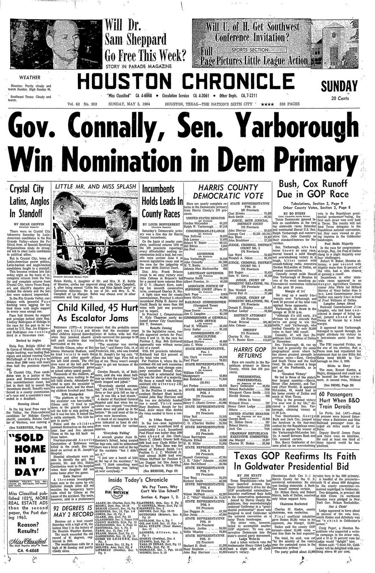 Houston Chronicle front page for May 3, 1964.