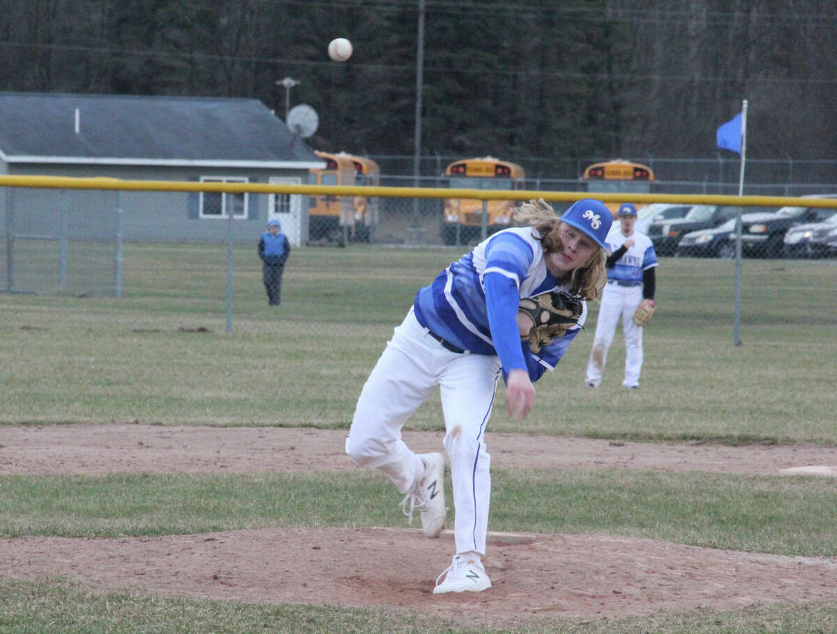 Morley Stanwood's Zade Garrett delivers a pitch to the plate earlier this spring. Many baseball and softball games have been postponed due to the weather.