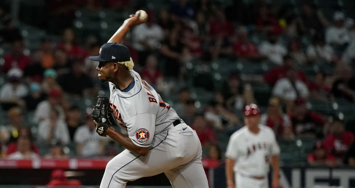 Houston Astros Ronel Blanco pitches during the eighth inning of an MLB baseball game at Angel Stadium on Friday, April 8, 2022 in Anaheim.