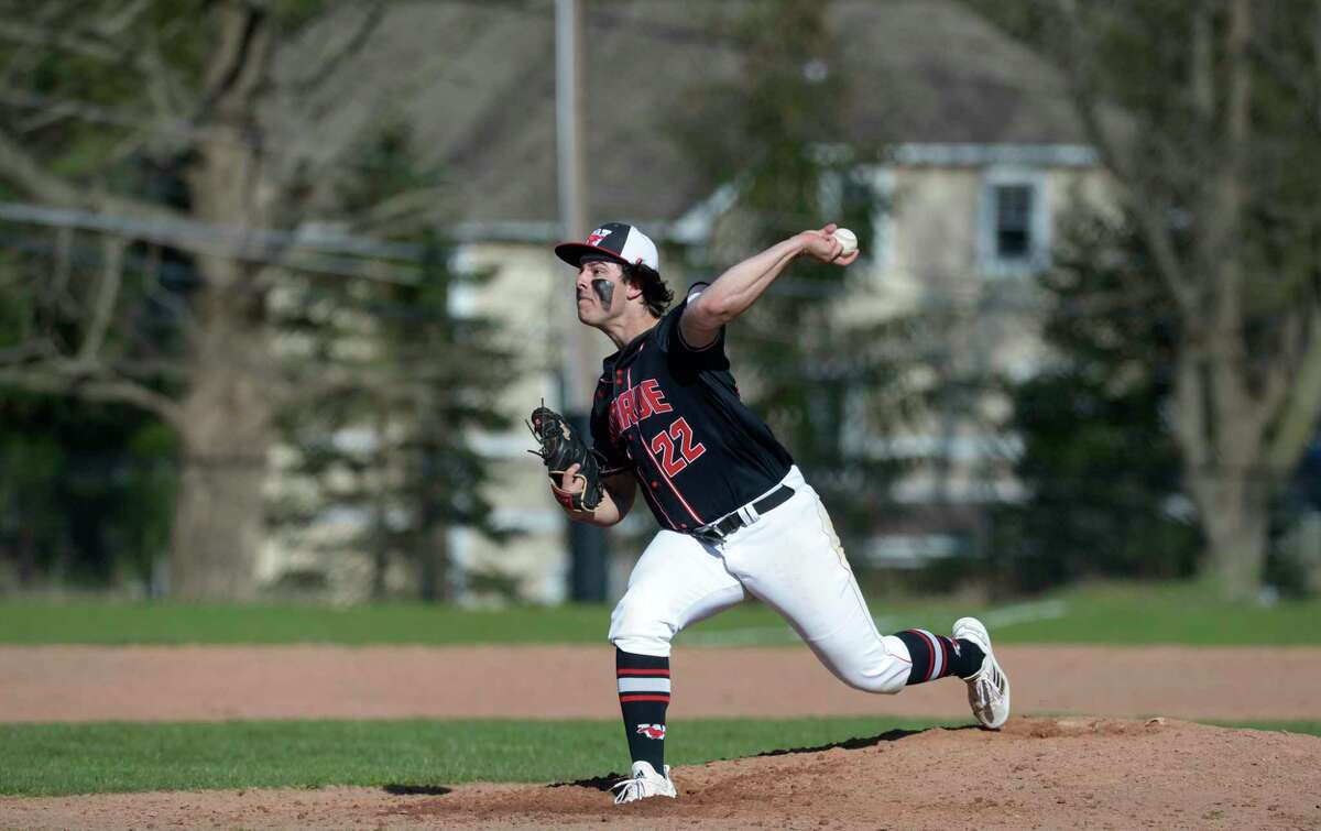 Fairfield Warde’s Zach Broderick (22) pitches in the baseball game between Fairfield Warde and Ridgefield high schools, Wednesday afternoon, April 20, 2022, at Governor Park, Ridgefield, Conn.