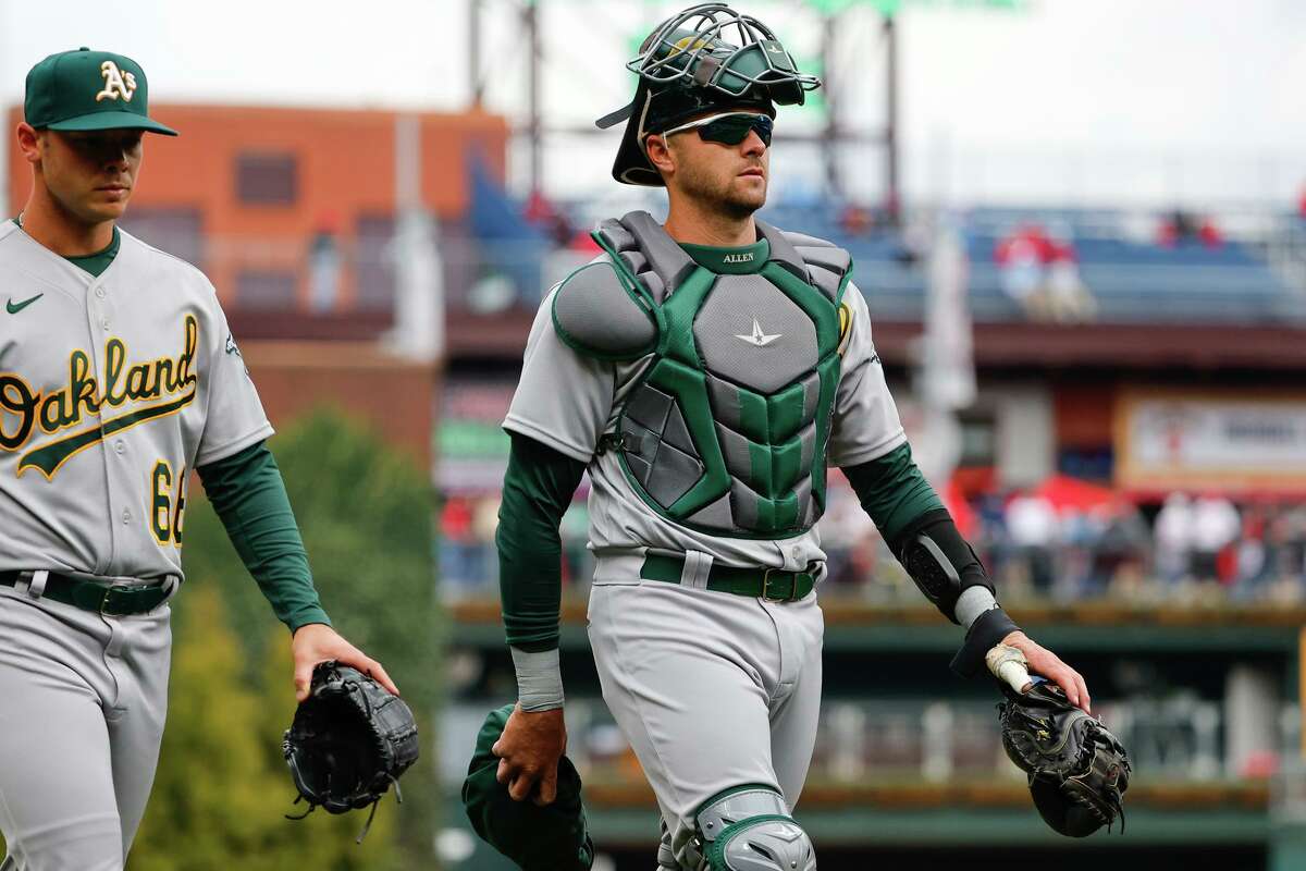 Catcher Austin Allen was designated for assignment as the A’s juggled the active roster to meet the new limit of 26 players.