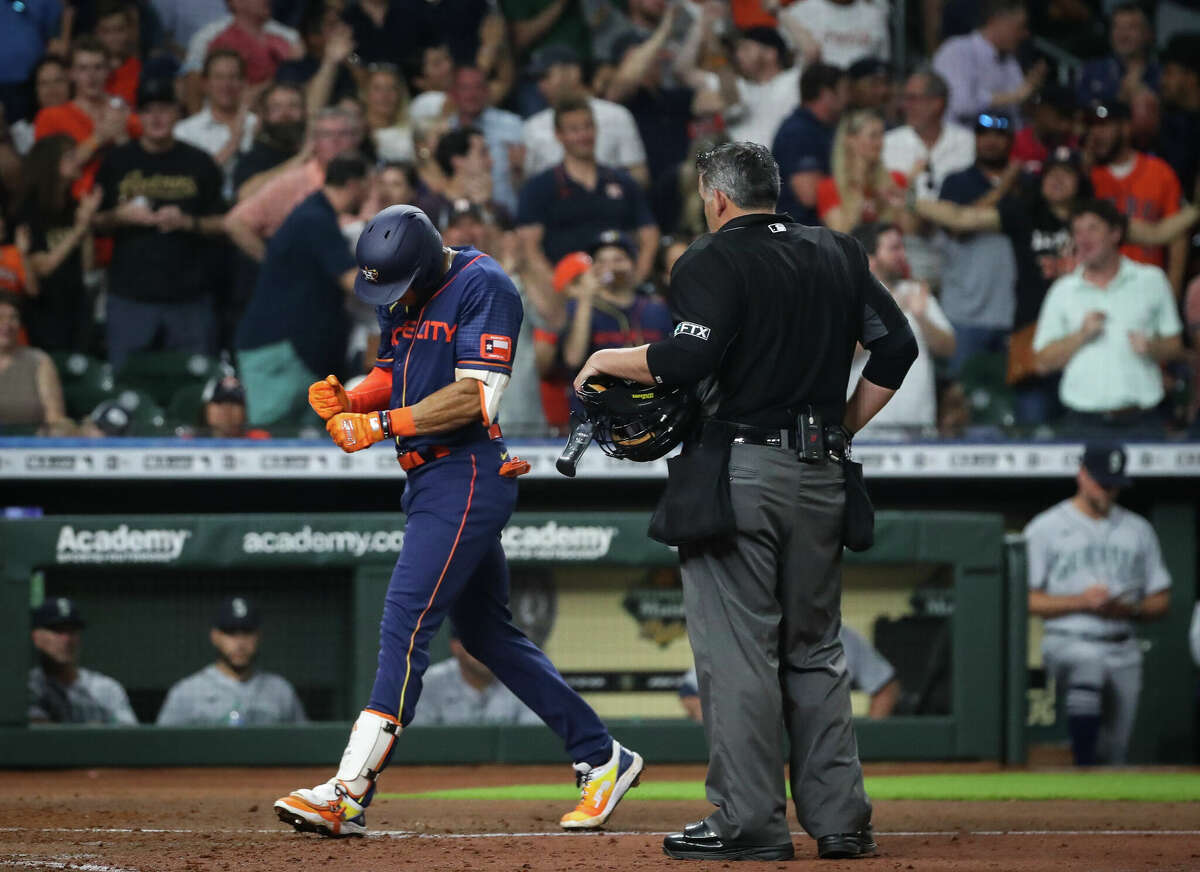 Houston Astros shortstop Jeremy Pena (3) celebrates after hitting a two-run home run during the sixth inning of an MLB game Monday, May 2, 2022, at Minute Maid Park in Houston.