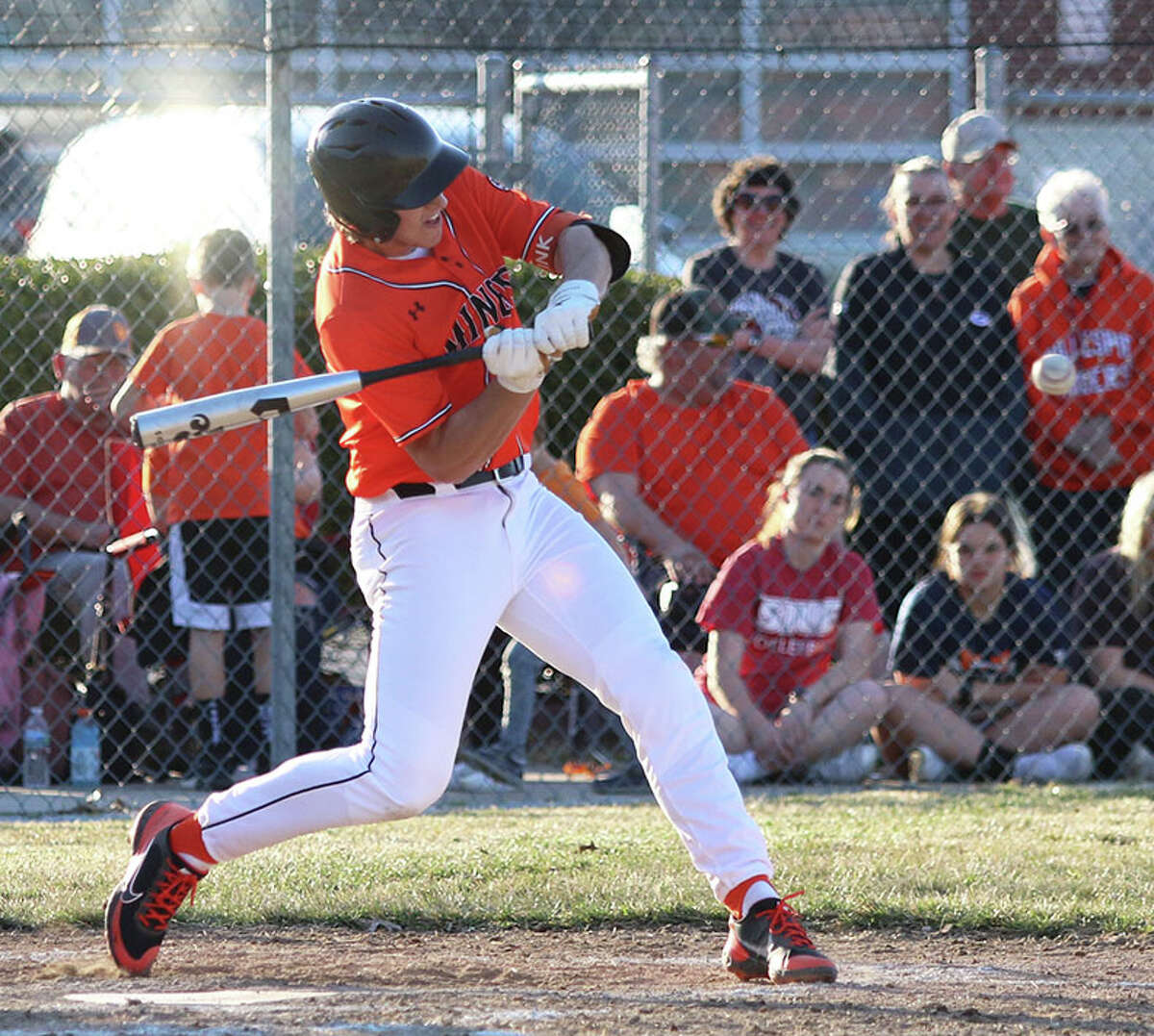 Gillespie's Kamryn Link, shown getting a RBI hit in a game earlier this season in Gillespie, had two doubles Monday in the Miners' SCC victory at Hillsboro.