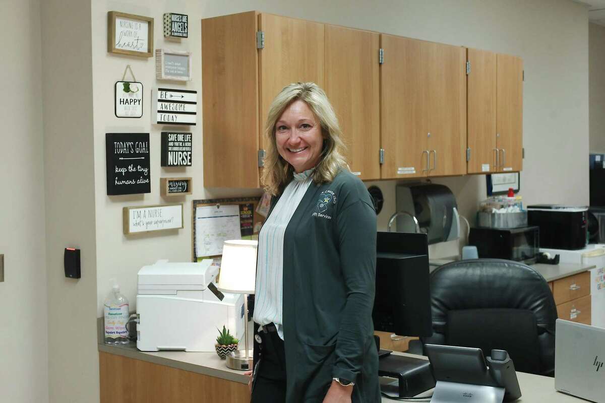 Clear Creek ISD Assistant Director of Health Services Marina Keeton Fielder, shown in Ralph Parr Elementary School in League City, was the main person guiding the district’s response to the pandemic when it struck the local community. “This was the first time we’ve had to work through pandemic in our lifetime, and it was all-hands-on-deck,” she says.