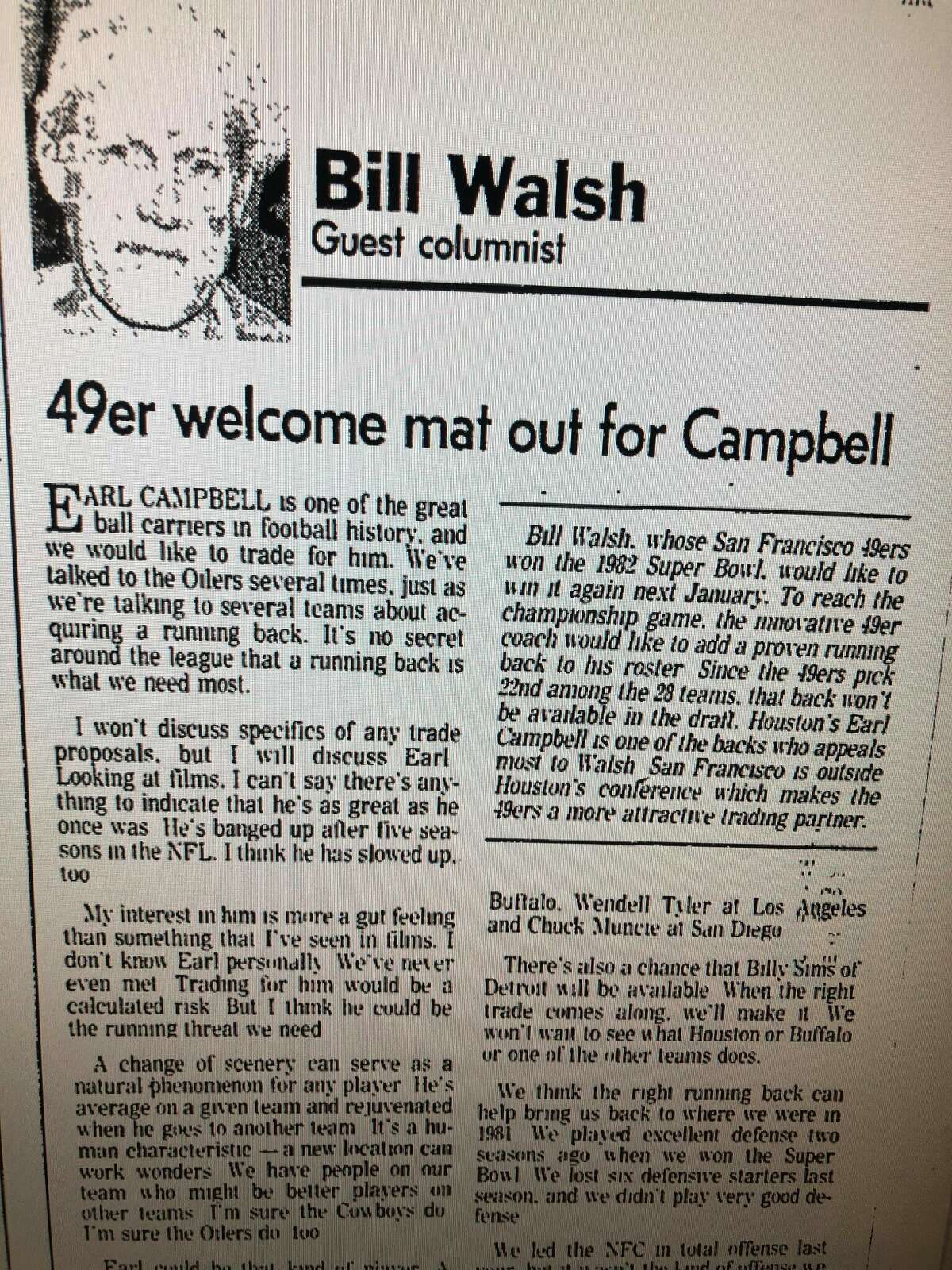 Bill Walsh wrote a guest column for the Chronicle in 1983 about a proposed trade of Earl Campbell to San Francisco.