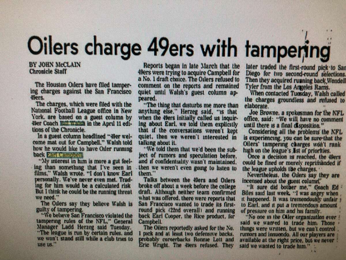 The Houston Oilers filed tampering chargers with the 49ers regarding Earl Campbell.