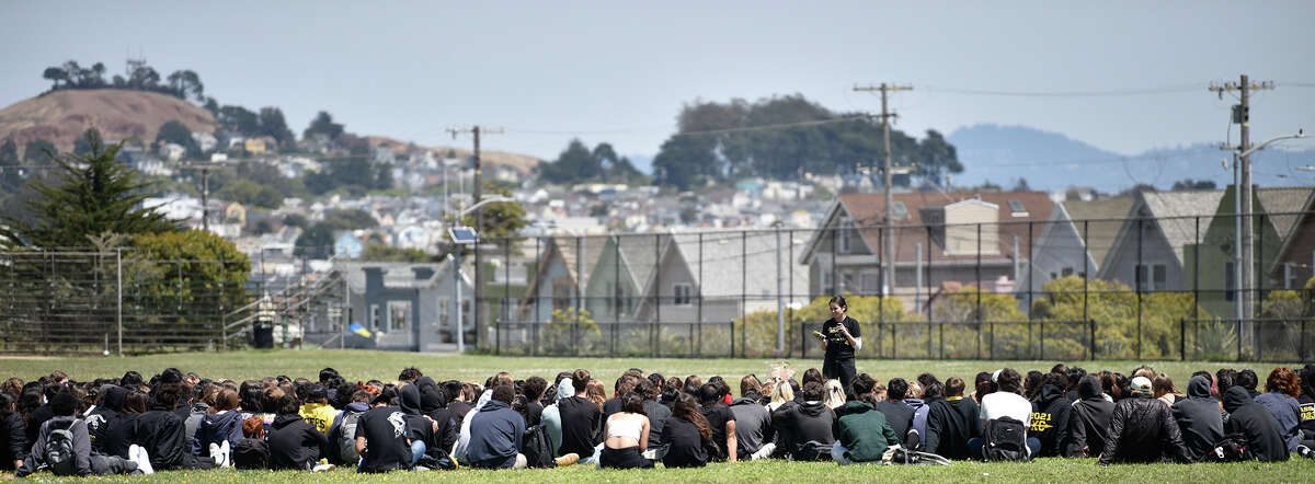 Lick-Wilmerding students gathered at San Francisco's Balboa Park on April 29, 2022, to talk about sexual harassment and assault in the community.