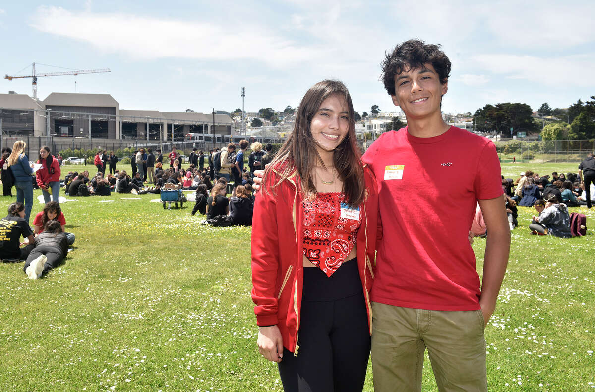 Lick-Wilmerding students Olivia Castillo, left, and George Duran led a walkout to raise awareness of sexual harassment and assault on April 29, 2022.