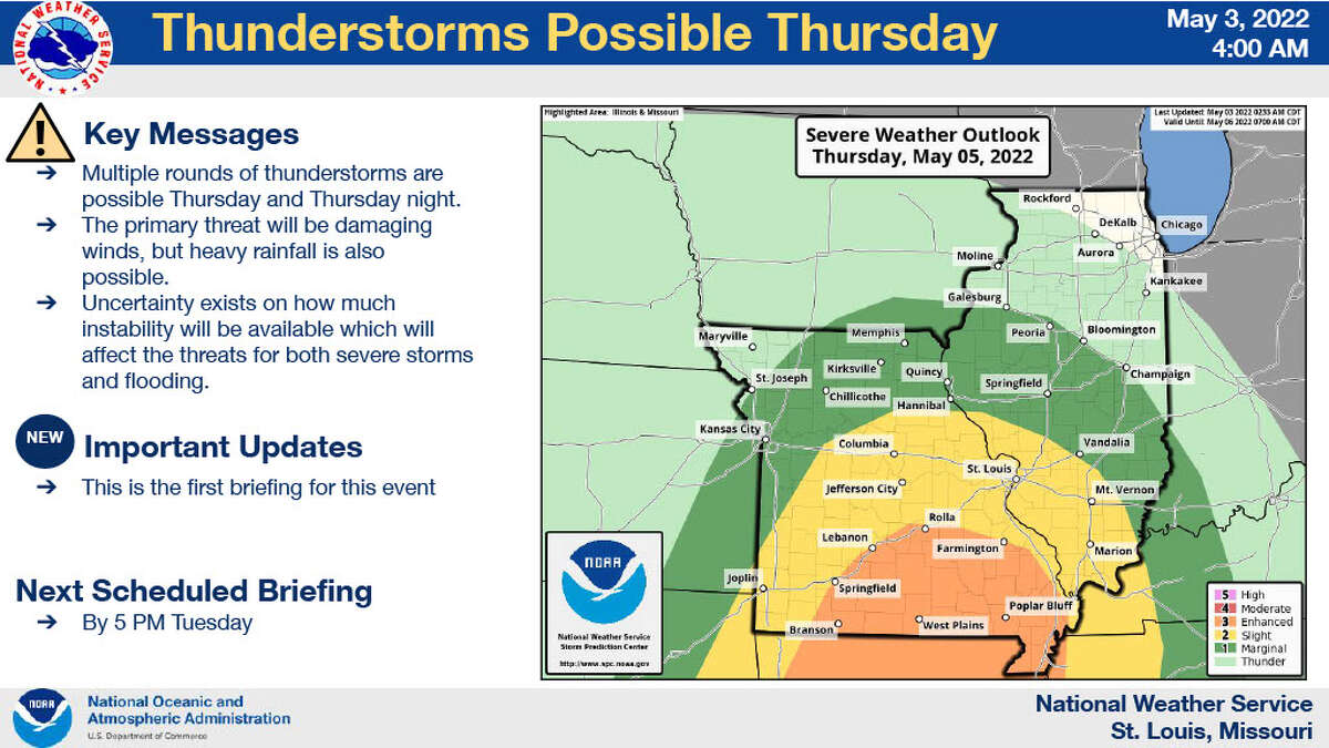 The National Weather Service is showing a slight chance for severe thunderstorms Thursday, May 5.