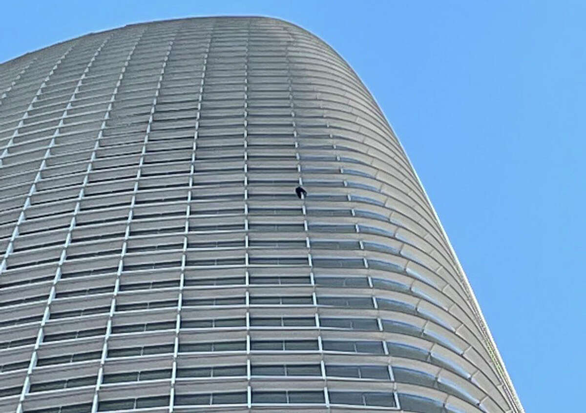 The San Francisco Fire Department shared an image of a man climbing up the Salesforce Tower on May 3, 2022. 