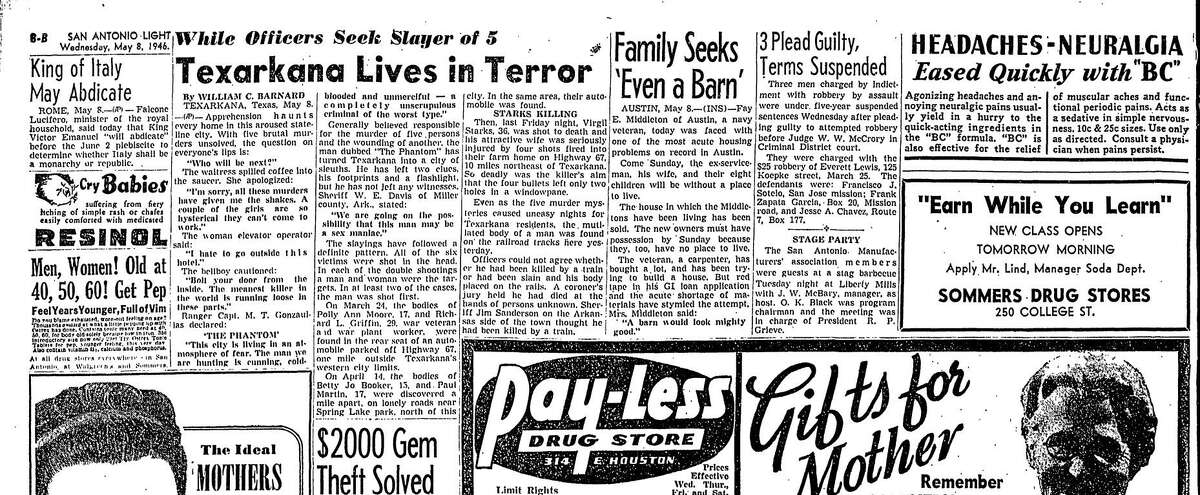 A San Antonio Light article from May 9, 1946, describes the five brutal murders believed to have been committed by the Phantom Killer in Texarkana.