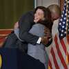 Congressman Antonio Delgado hugs Governor Kathy Hochul after the governor announced that Congressman Delgado would become the Lt. Governor, at a press conference on Tuesday, May 3, 2022, in Albany, N.Y. (Paul Buckowski/Times Union)