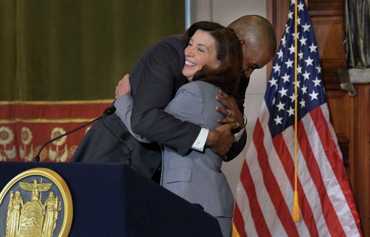 Lt. Gov. Antonio Delgado hugs Gov. Kathy Hochul after the governor announced that Delgado, then a congressman, would become the lieutenant governor. (Paul Buckowski/Times Union)