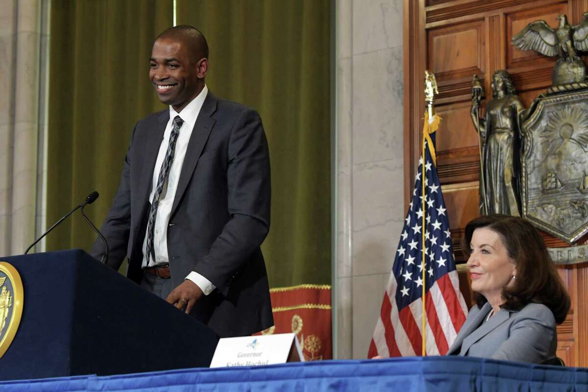 Congressman Antonio Delgado speaks at a press conference after Gov. Kathy Hochul, right, announced that he would become the lieutenant governor. (Paul Buckowski/Times Union)