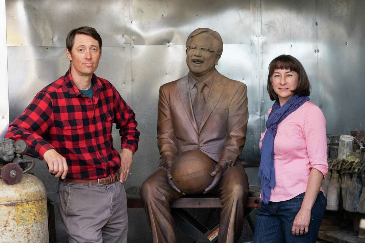 Sculptor Jonah Hendrickson (left), who designed the bust of slain icon Harvey Milk that sits in S.F. City Hall, and Deborah Samia created the statue of the late San Francisco Mayor Ed Lee.