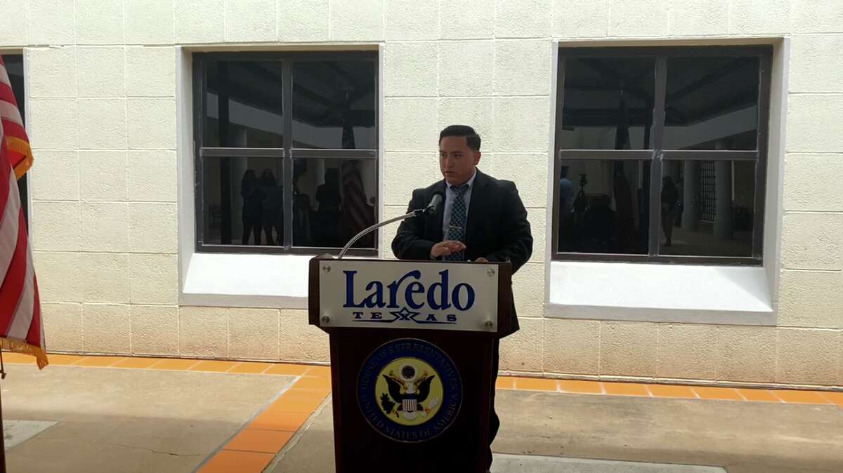Webb County Sheriff Department Domestic Violence Investigator Amaury Obregon addresss the audience. Images from the Congressman Henry Cuellar's event to call for more funding for domestic violence and child abuse hotlines on Wednesday May 3, 2022 in front of the Laredo Police Department Headquarters located at 4712 Maher Ave.