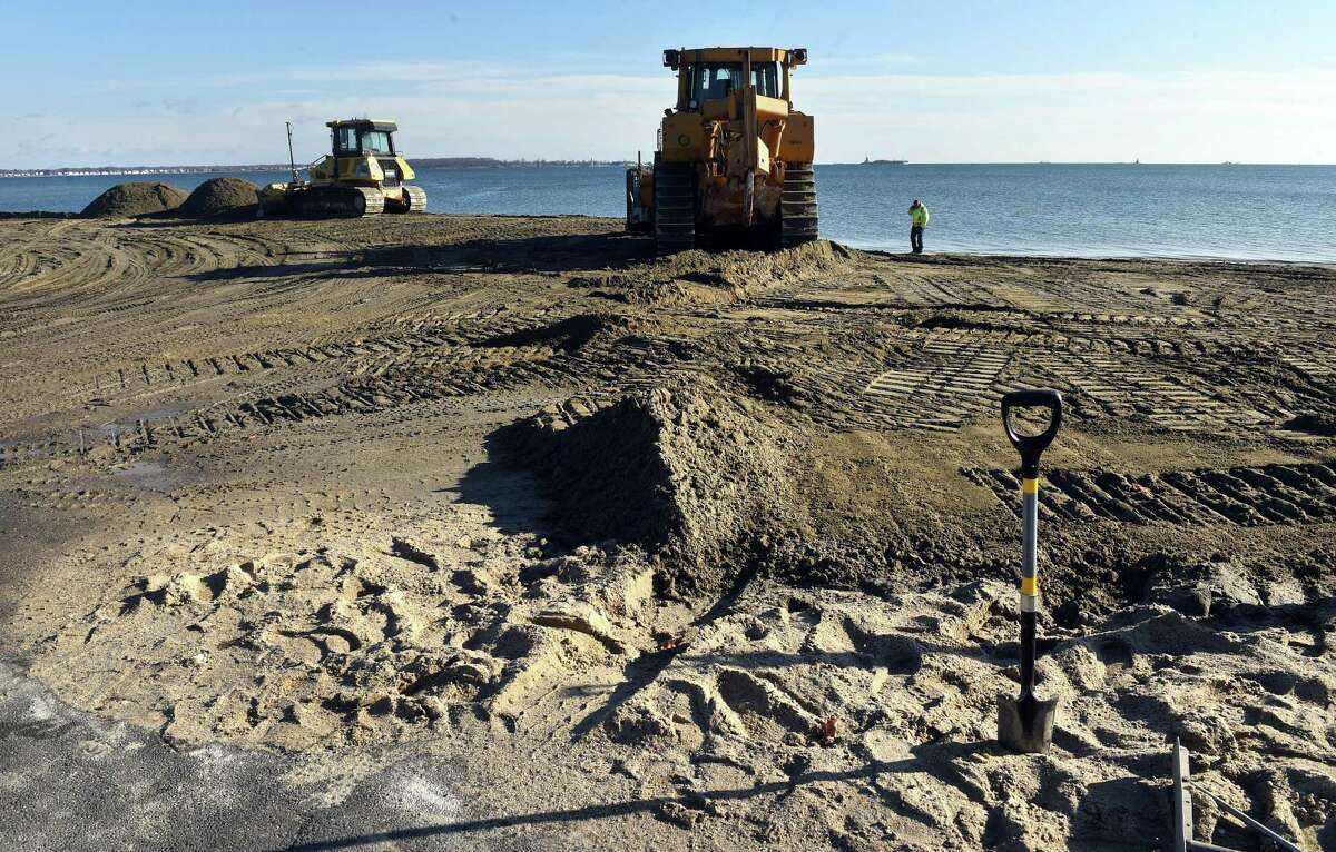 Work nears completion on a reconstructed beach area across from the former Chick's Drive-In on Beach Street in West Haven on December 22, 2021.
