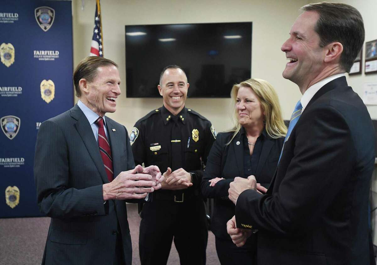 From left; Senator Richard Blumenthal, Fairfield Police Chief Robert Kalamaras, Fairfield First Selectman Brenda Kupchick, and Representative Jim Himes chat before the announcement of a $3.5 million dollar federal grant for the replacement of the police and fire department radio systems at the Fairfield Police Department in Fairfield, Conn., on Thursday, April 14, 2022.