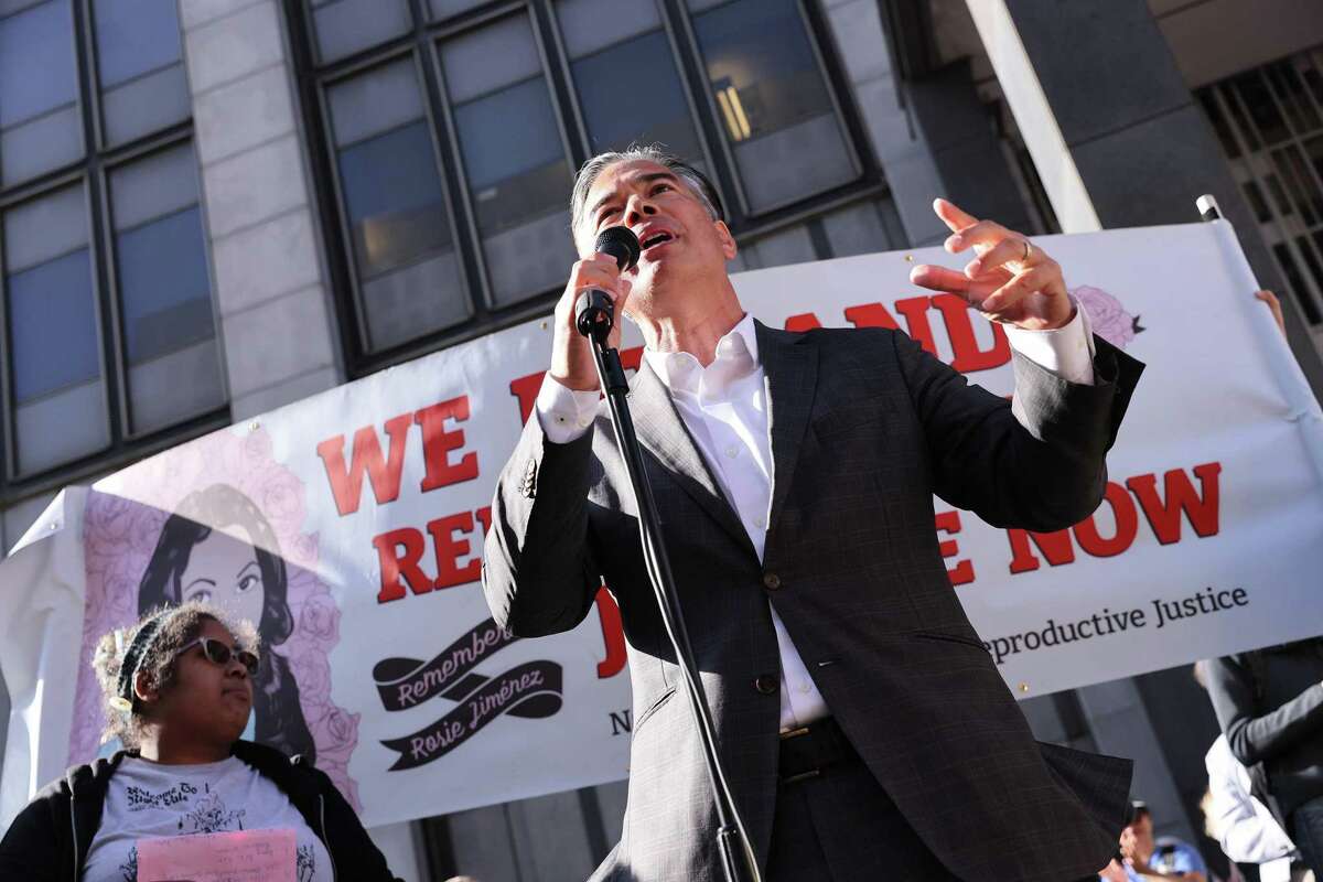 California Attorney General Rob Bonta speaks during a demonstration protesting the Supreme Court’s potential decision overturning Roe v. Wade.