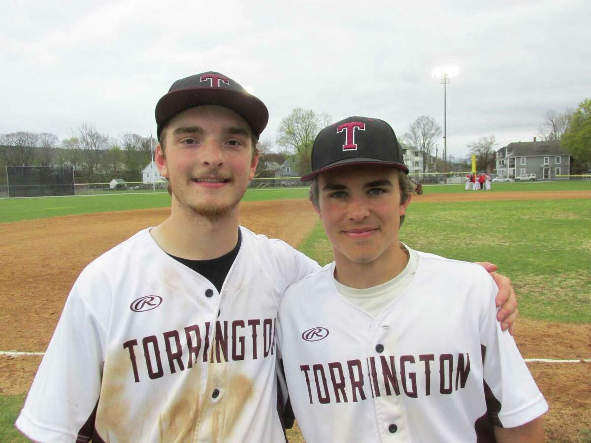 Torrington’s Tyler Semonich, left, and Cooper Suminski led the way in a big Raiders win over Wolcott on Tuesday at Fuessenich Park.