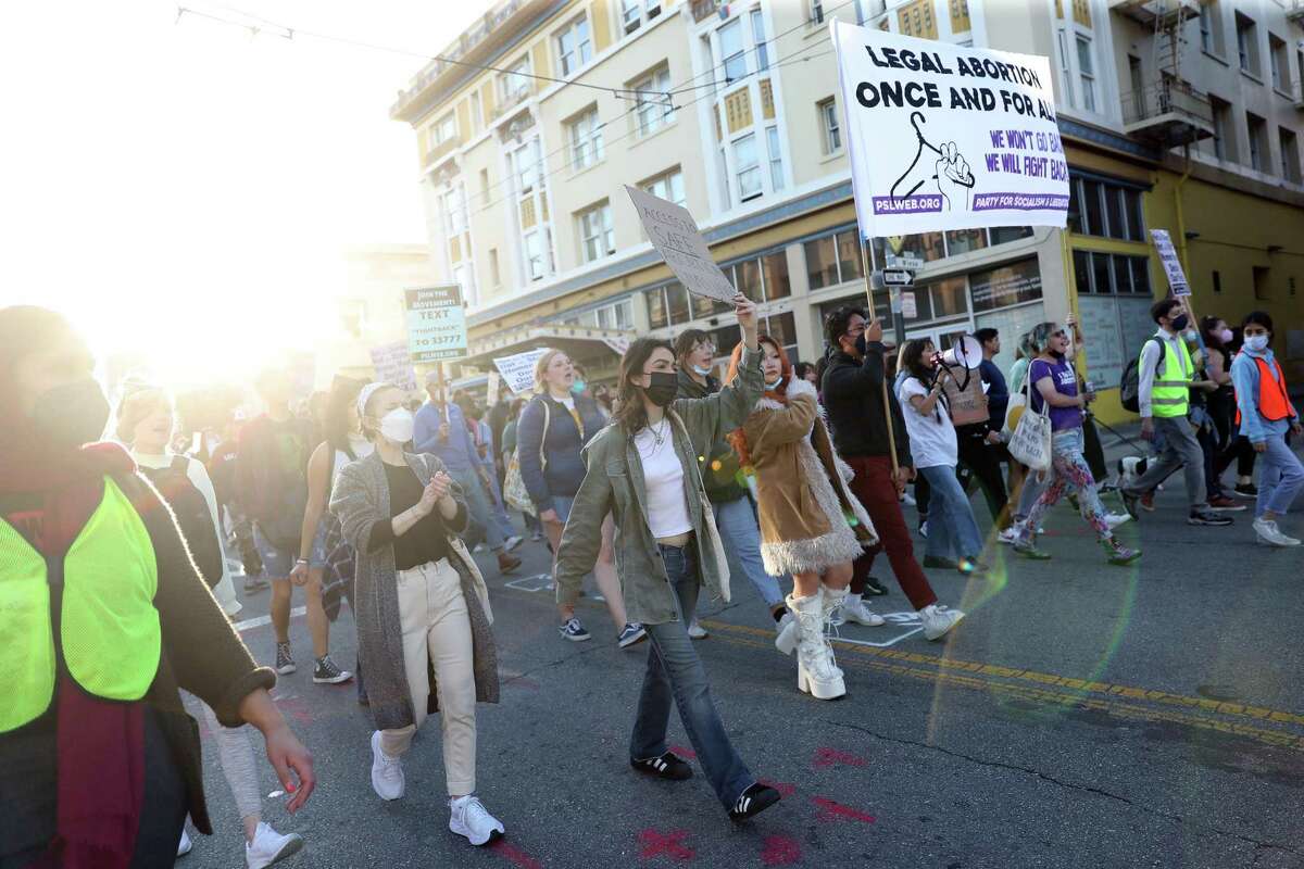 Abortion rights advocates march in May on 16th Street in San Francisco after the Supreme Court’s likely intention to overturn Roe v. Wade leaked.