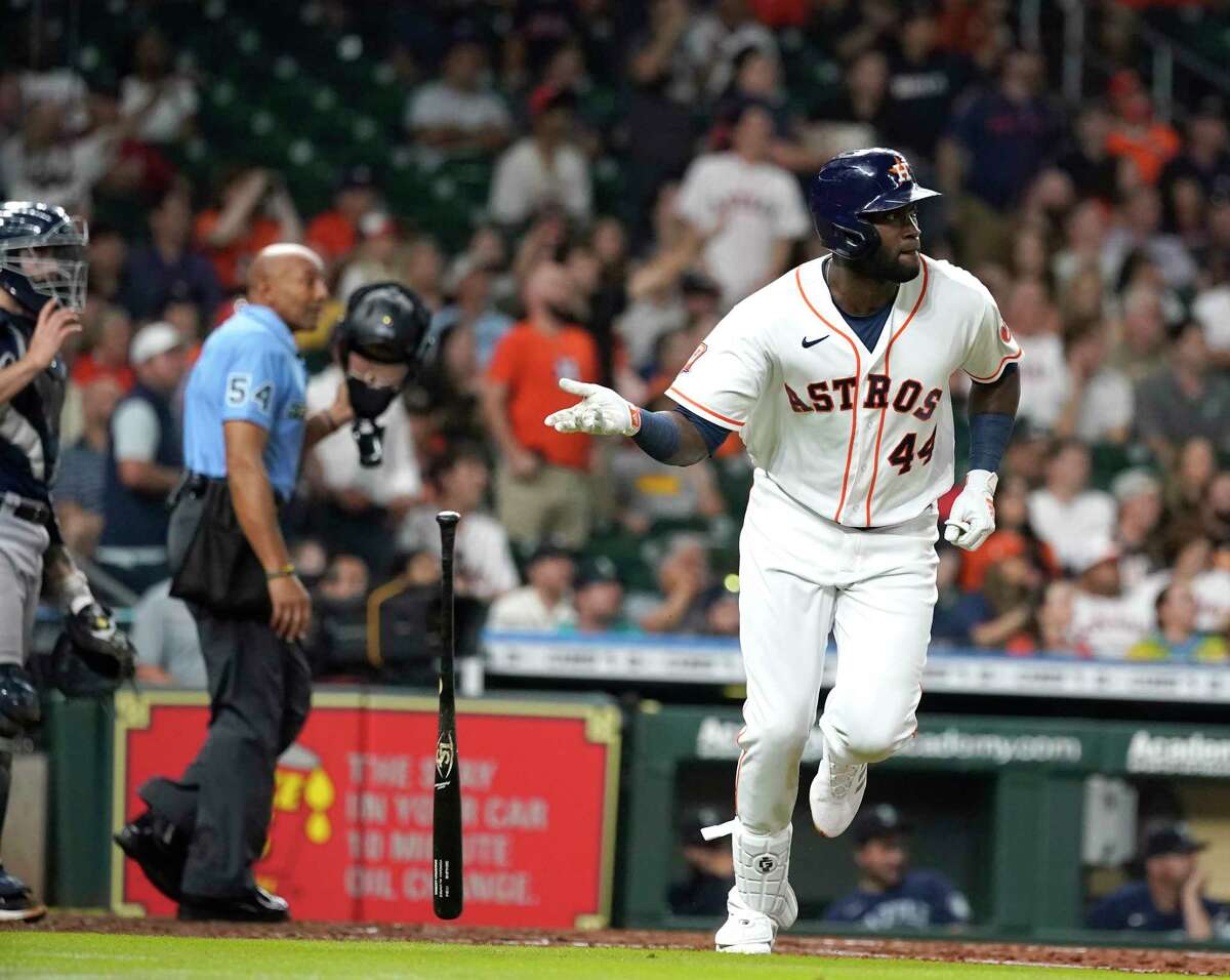 Houston Astros Yordan Alvarez (44) hits a home run off of Seattle Mariners starting pitcher Chris Flexen (77) during the fourth inning of an MLB baseball game at Minute Maid Park on Tuesday, May 3, 2022 in Houston.