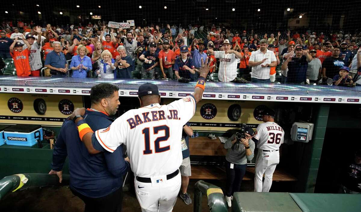 Houston Astros manager Dusty Baker Jr. (12) celebrates his 2000th win as a manager after the Astros 4-0 win over the Seattle Mariners during an MLB baseball game at Minute Maid Park on Tuesday, May 3, 2022 in Houston.