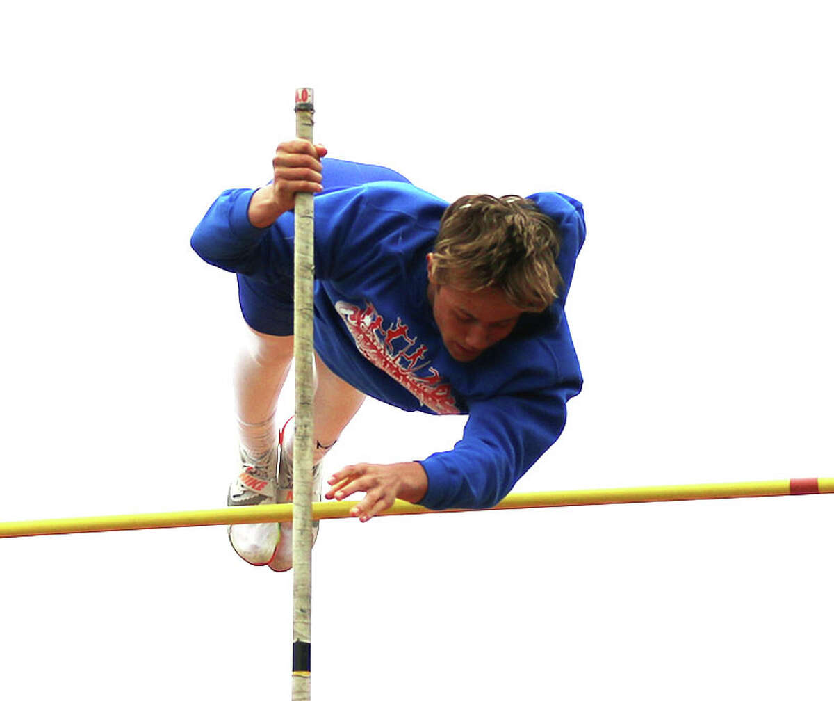 Carlinville's Mason Gilpin is unable to clear the bar in the pole vault Tuesday at the SCC boys track meet at Staunton.