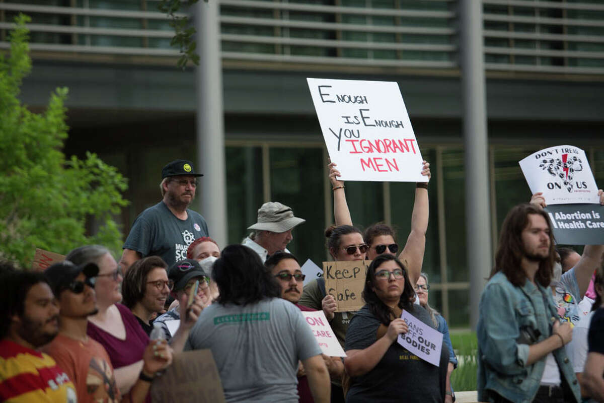 San Antonians protest in front of Bexar County's United States Federal Courthouse on Tuesday, May 3.