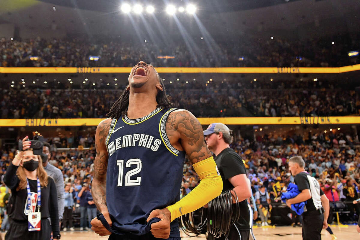 Ja Morant of the Memphis Grizzlies reacts after Game 2 of the Western Conference Semifinals of the NBA Playoffs against the Golden State Warriors at FedExForum on May 3, 2022, in Memphis, Tenn.