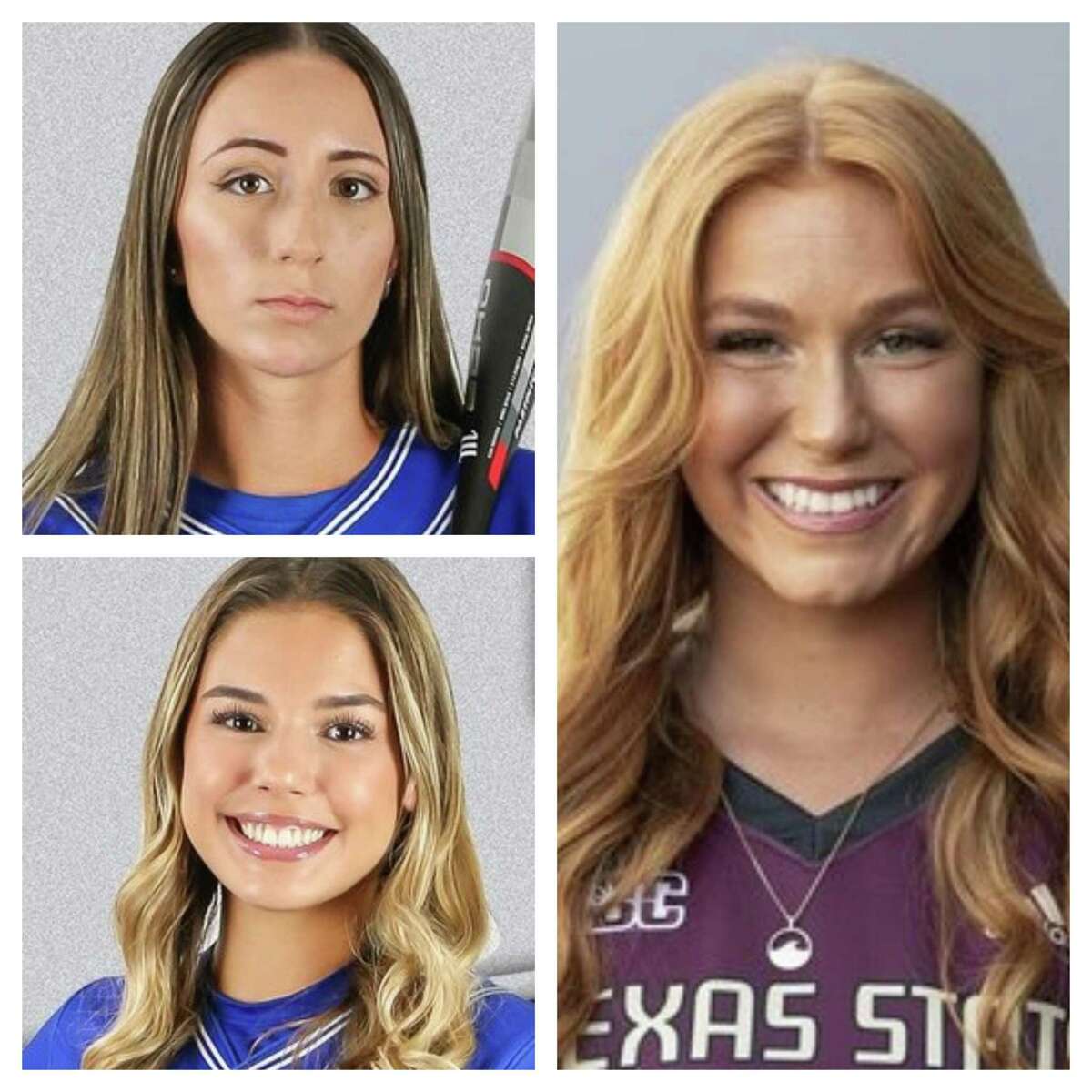 McNeese State softball players Alayis Seneca (top left), Ashley Valejo (bottom right) and Texas State's Caitlyn Rogers (right) all were recognized by their respective conferences after big weeks on the field.