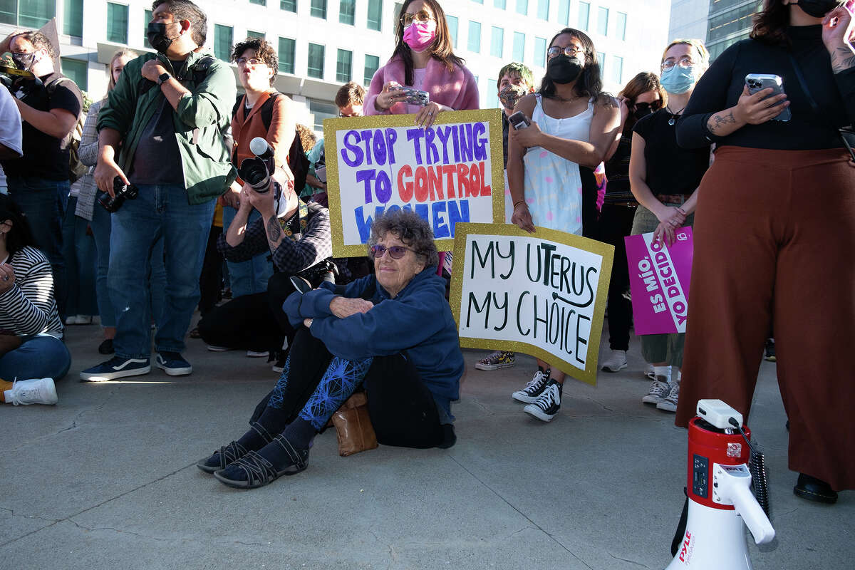 Protesters rally in support of abortion rights near the Phillip Burton Federal Building and U.S. Courthouse, in San Francisco, on Tuesday, May 3, 2022.