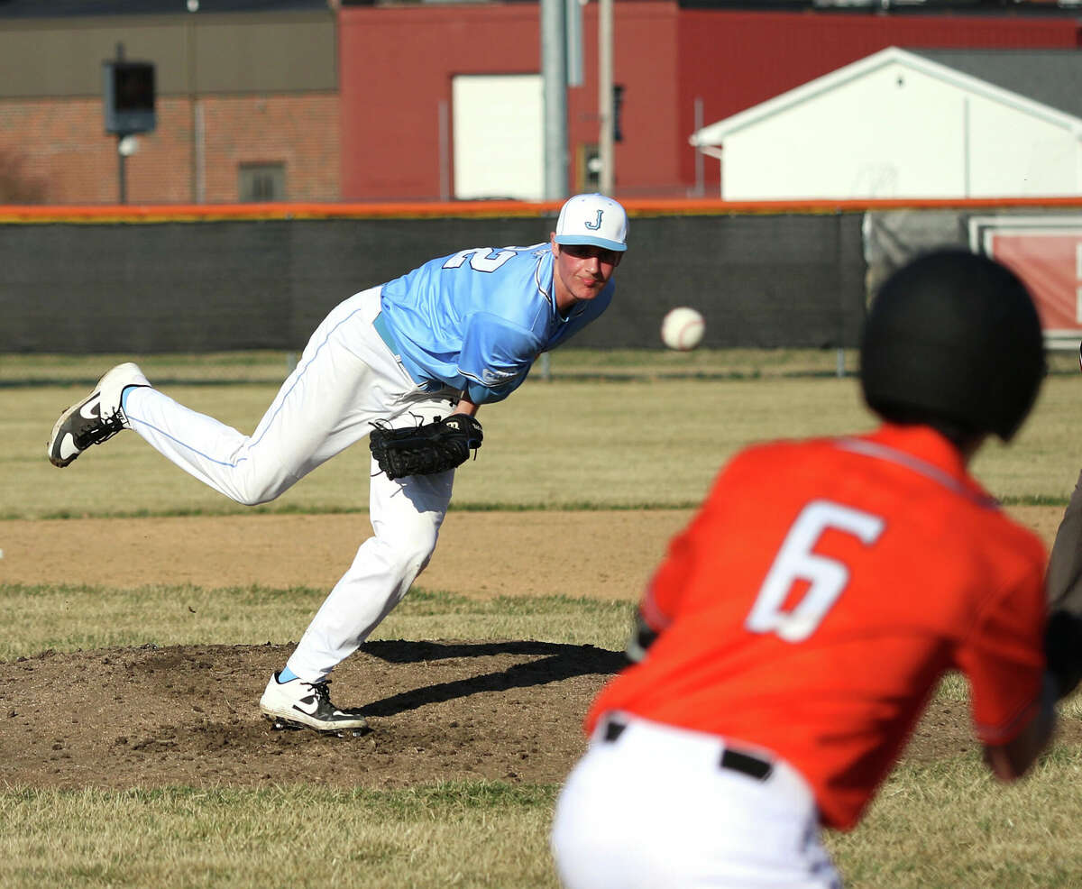 Jersey pitcher Sam Lamer, shown pitching against Gillespie in the season opener at Gillespie, struck out 13 in his shutout win over Mascoutah on Tuesday in Jerseyville.
