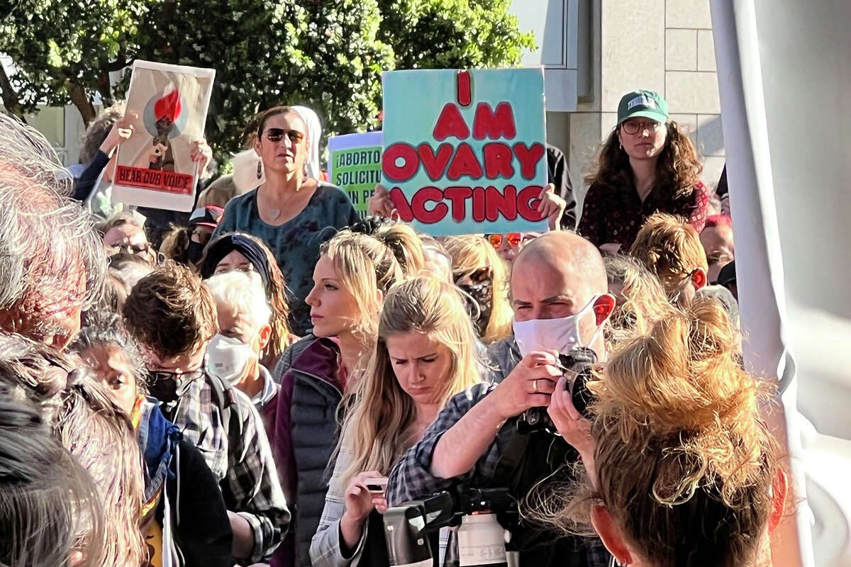 Protestors rally in support of abortion rights near the Phillip Burton Federal Building and U.S. Courthouse, in San Francisco, on Tuesday, May 3, 2022.