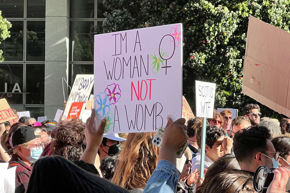 Protestors rally in support of abortion rights near the Phillip Burton Federal Building and U.S. Courthouse, in San Francisco, on Tuesday, May 3, 2022.