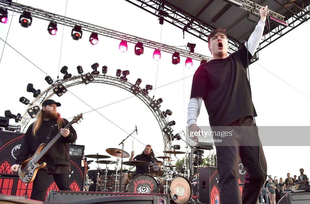 Kevin Otten, Kevin Kaine, and Bryan Garris of Knocked Loose performs during Swanfest at Heart Health Park on April 23, 2022 in Sacramento, California. (Photo by Tim Mosenfelder/Getty Images)